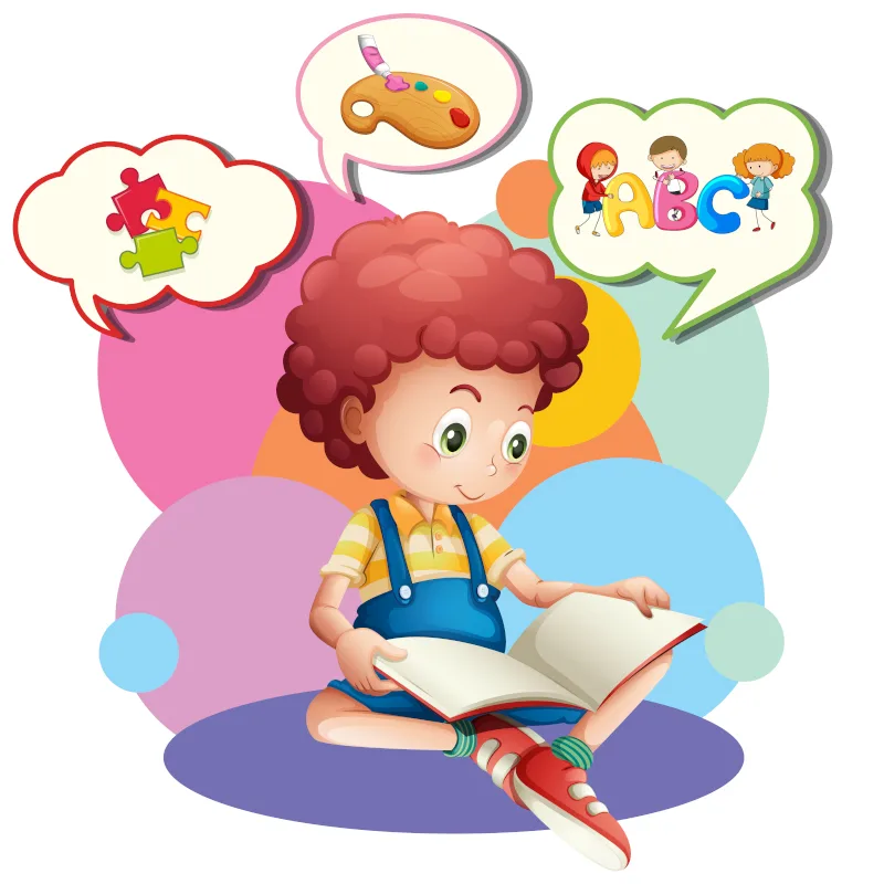 Boy and many thought bubbles illustration
